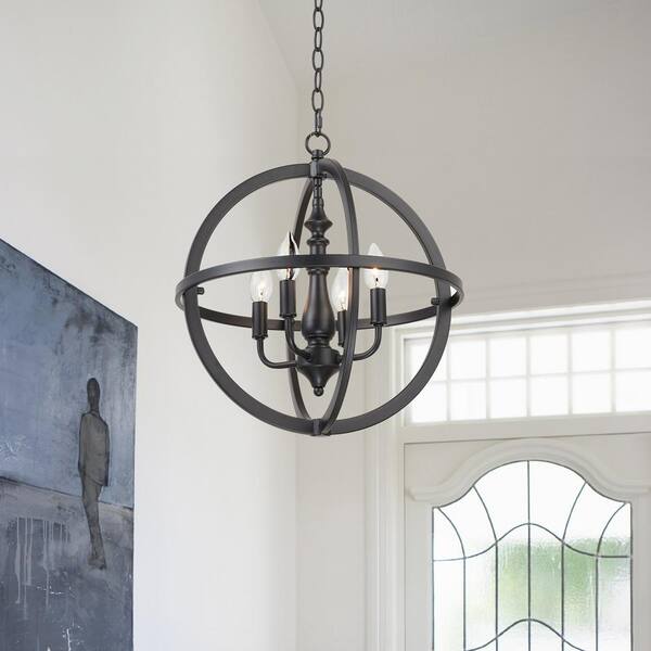KAWOTI 4-light Black Metal Sphere Chandelier Foyer Pendant Light 21206 ...