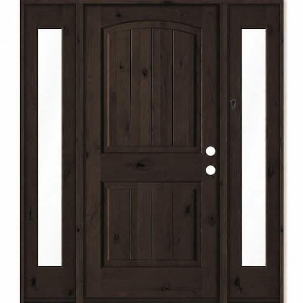 60 in. x 80 in. Knotty Alder Arch Top Left-Hand/Inswing Clear Glass BEHR True Black Stain Wood Prehung Front Door w DFSL