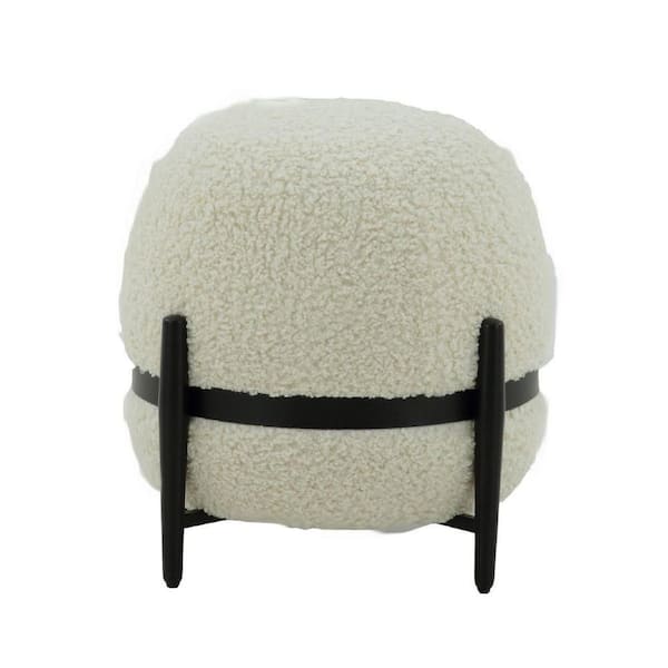 Benjara Reno White and Black Soft Sherpa Fabric Fitted Metal Case Ottoman