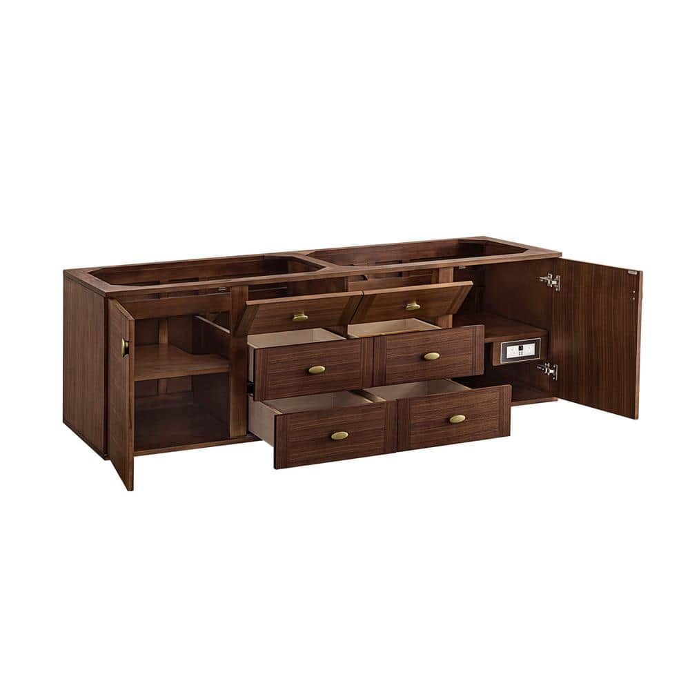 Amberly 72-Inch Walnut Double Vanity Base Cabinet with Brass Knobs
