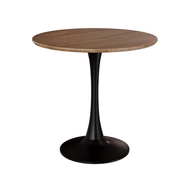 Round Walnut Mid-Century Tulip Dining Table for Kitchen, Office, Living Room-Sturdy MDF Top with Black Pedestal Base