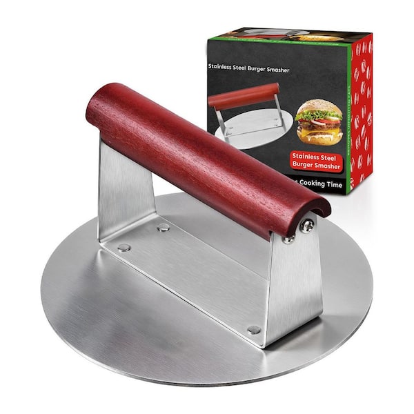 6.2 in. x 6.2 in. Stainless Steel Burger Press with Extra Wide Cool-Touch Wood Handle for Grill and Skillet