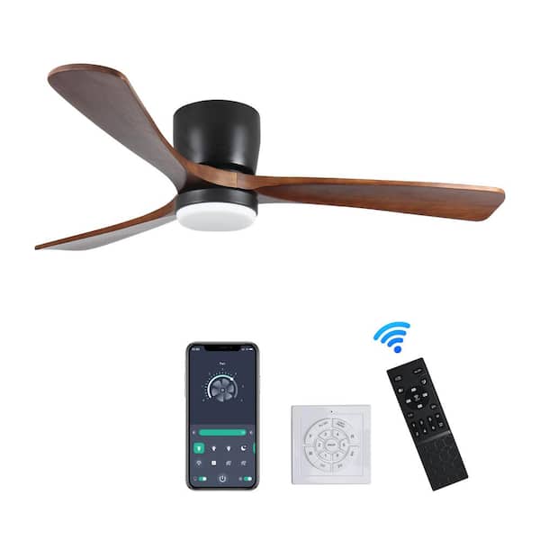 Sunpez 52 in. Indoor/Outdoor Black Modern Flush Mount LED Ceiling Fan with App, Wall and Remote Control Included