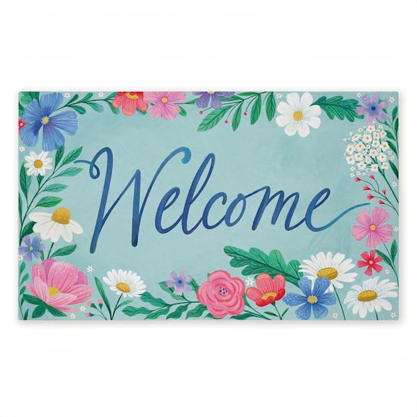Welcome Dreamy Garden Blue 18 in. x 30 in. Polyester Non-Slip Outdoor Door Mat