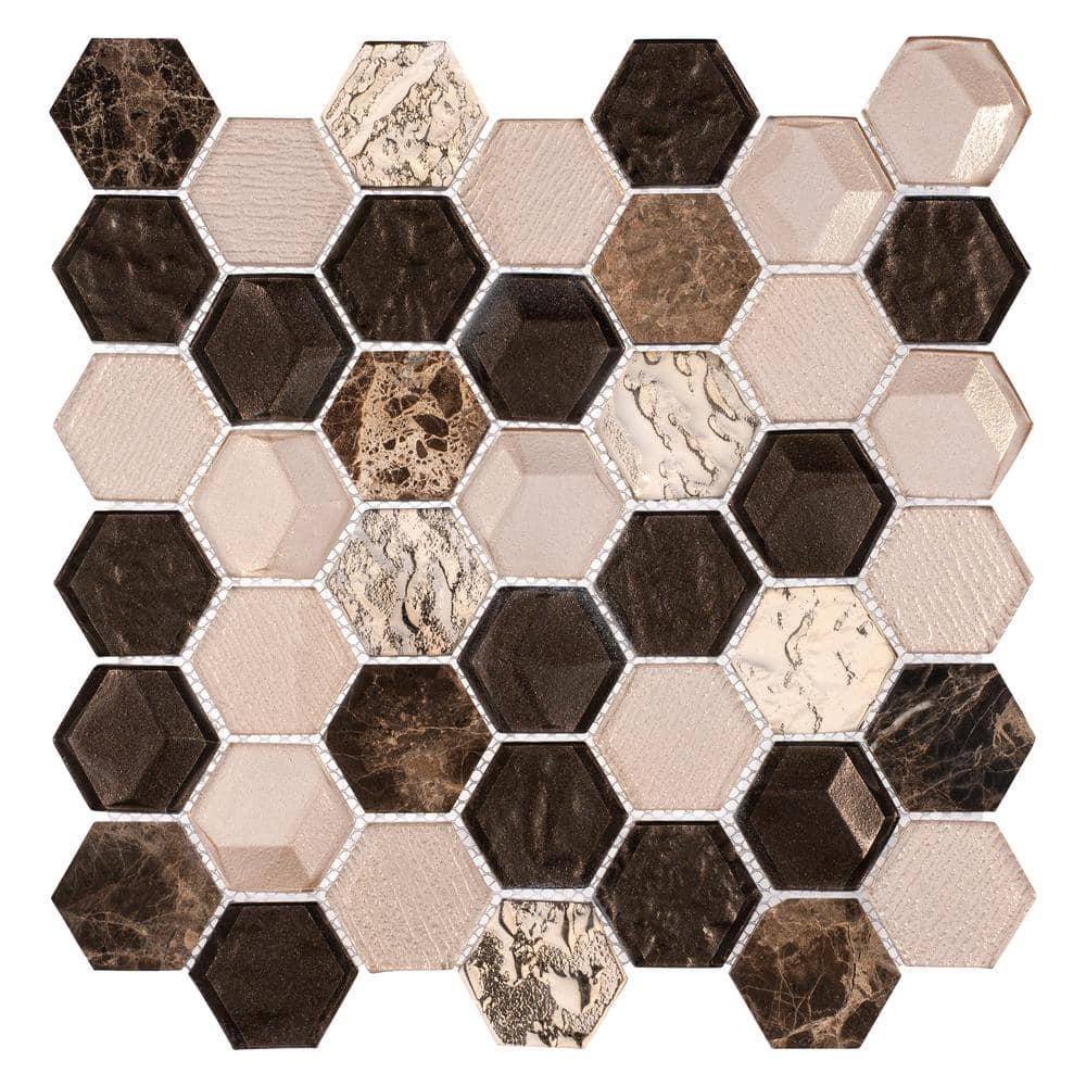 Xen Spirit Tan/Brown/Gold 12 in. x 11 7/8 in. Hexagon Smooth Glass and Ston