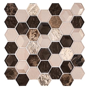 Xen Spirit Tan/Brown/Gold 12 in. x 11 7/8 in. Hexagon Smooth Glass and Stone Mosaic Wall Tile (4.95 sq. ft./Case)