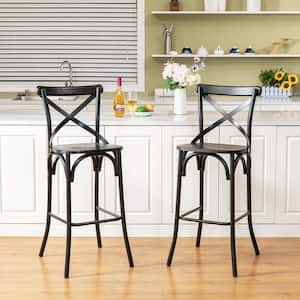 43.00 in. H Black Steel Bar Stool with Solid Elm Wood Seat and High Back Support (Set of 2)