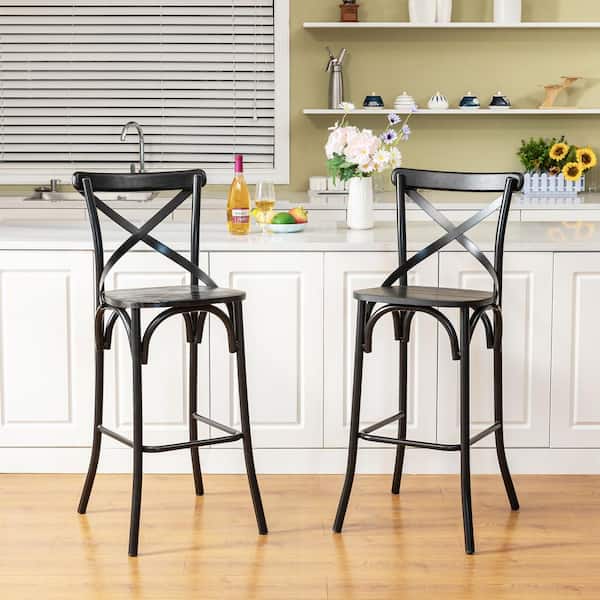 Glitzhome 43.00 in. H Black Steel Bar Stool with Solid Elm Wood Seat and High Back Support (Set of 2)