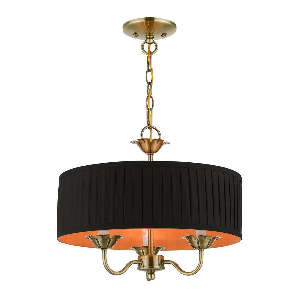 Antique Brass Transitional 3-Light Drum Pendant with Pleated Shade