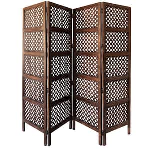 Decorative Four Panel 5 ft. 9 in. Brown Mango Wood Hinged Room Divider with Circular Cutout Design