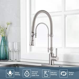 2-Functions Single Handle Gooseneck Pull Down Sprayer Kitchen Faucet with Spring Tube in Solid Brass Brushed Nickel