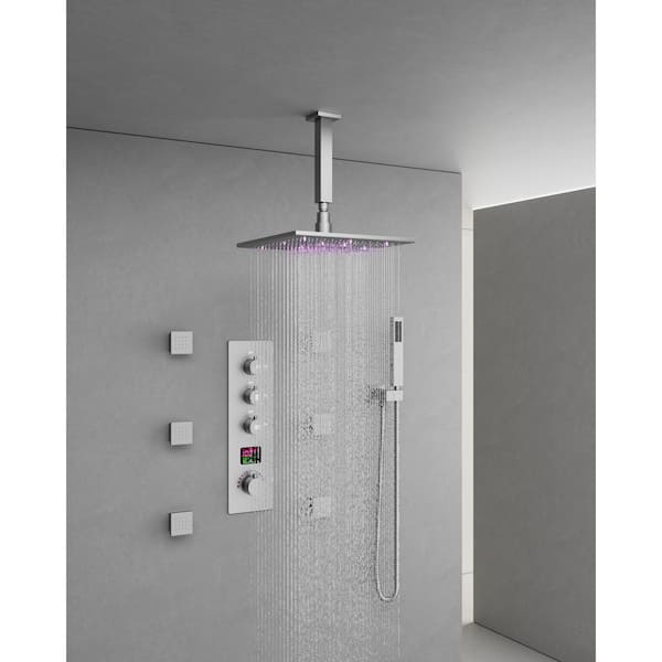 CRANACH Thermostatic 7-Spray Ceiling Mount 12 in. Square Shower Head with 3-color LED and Valve in Brushed Nickel