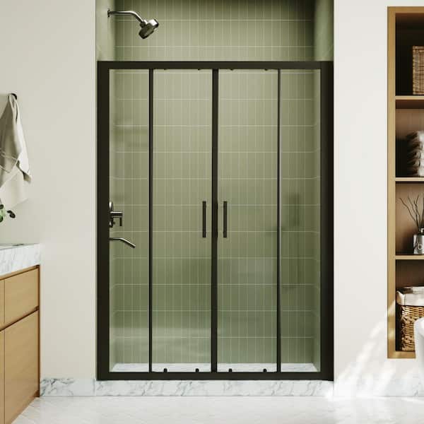 50 in. 54 in. W x 70 in. H Sliding Framed Alcove Shower Door Bath Panel in Matte Black Finish with Clear Glass
