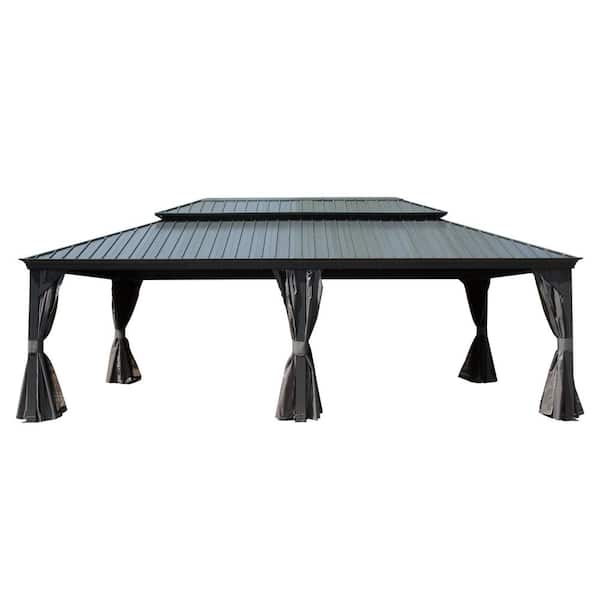 domi outdoor living 14 ft. x 22 ft. Gray Outdoor Aluminum Hardtop Gazebo with Galvanized Steel Double Roof, Curtain and Netting