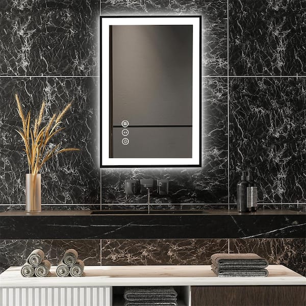 ExBrite LumiCont 24 in. W x 36 in. H Medium Rectangular Black Framed Anti-Fog LED Wall Bathroom Vanity Mirror Lighted Mirror