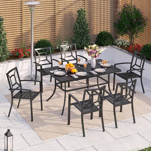 PHI VILLA Black 7-Piece Metal Outdoor Patio Dining Set with Rectangle Table and Fancy Stackable Chairs