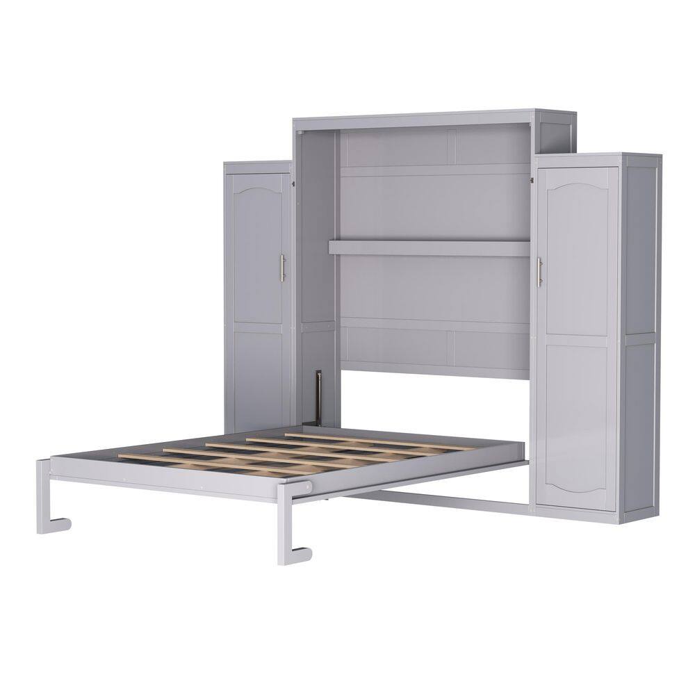 Gray Wood Frame Queen Size Murphy Bed Wall Bed with Wardrobes, Storage Shelves - thumbnail 8