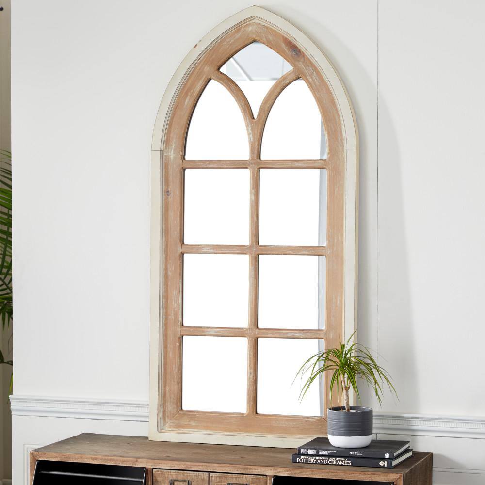 Brown Distressed Wood Arched Window Pane Wall Mirror