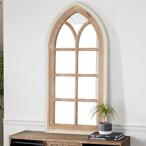 35 in. x 26 in. Window Pane Inspired Arched Framed Brown Wall Mirror with Arched Top and Distressing
