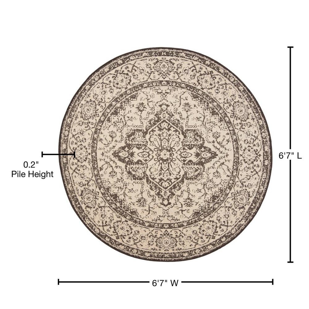 Cream and Brown Round Synthetic Non-slip Area Rug, 6'7"