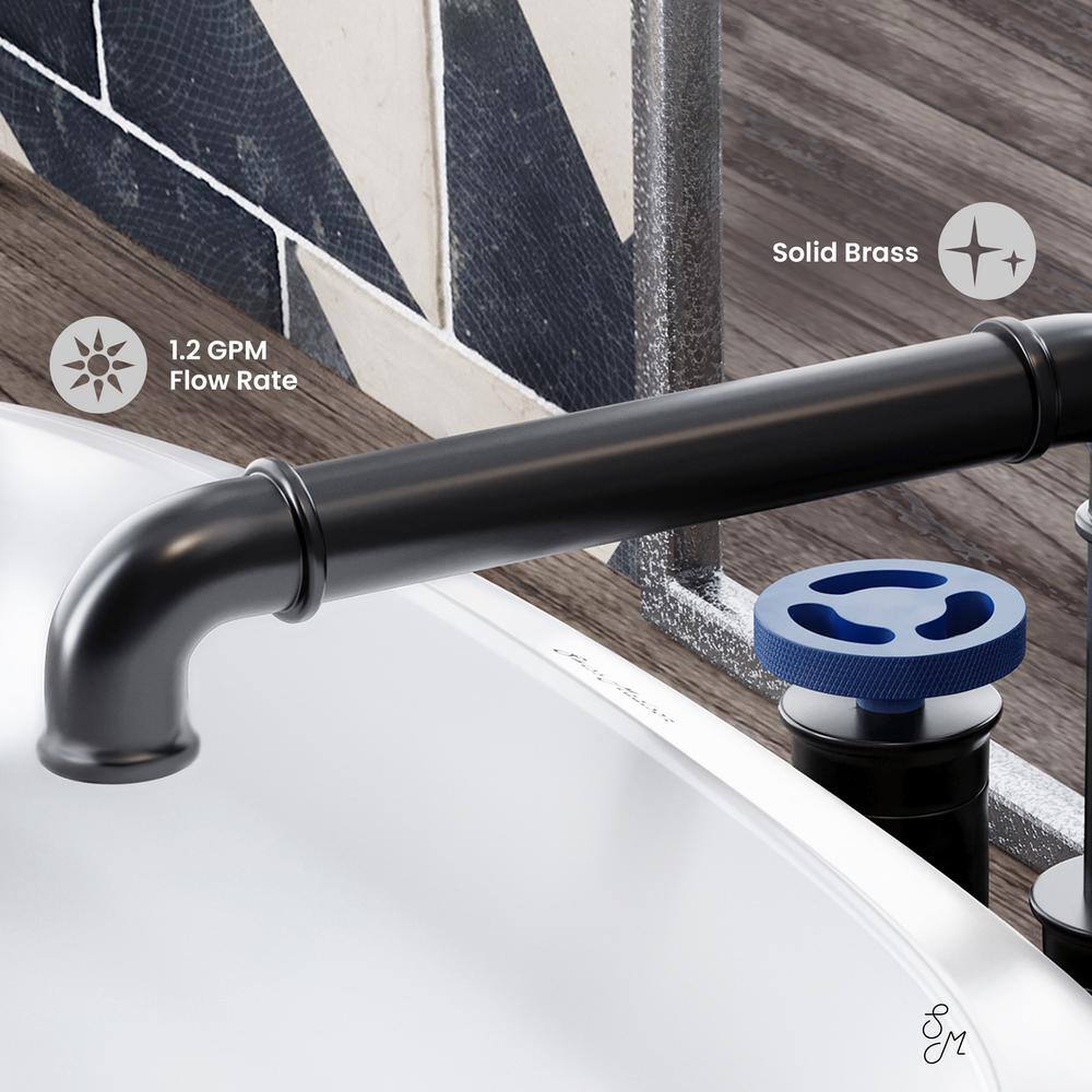 Swiss Madison Avallon Matte Black 8" Widespread Bathroom Faucet with Blue Handles