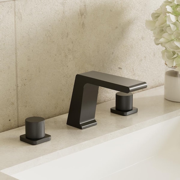 Waterfall 3-Hole Sink Faucet 8 in. Widespread Double Handle Bathroom Faucet in Matte Black Drain Included