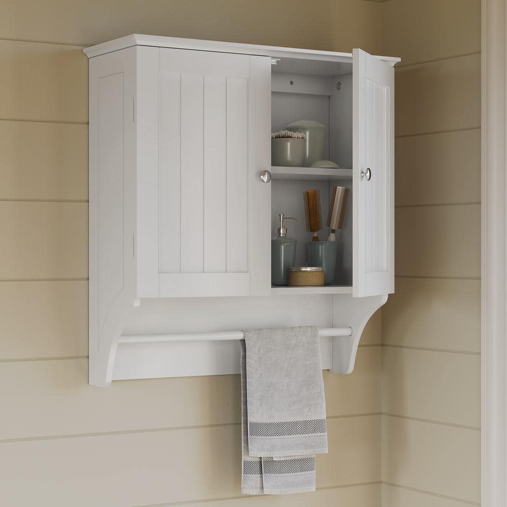 White Wall-Mounted Two-Door Medicine Cabinet with Towel Bar