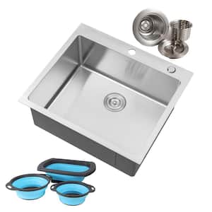 Stainless Steel 25 in. 16-Gauge Topmount Single Bowl Drop-In Kitchen Sink in Brushed Stainless Steel w/ Accessories