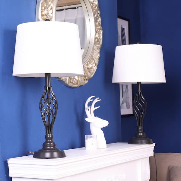 26 in. Oil Rubbed Bronze Table Lamp with White Fabric Shade (Set of 2)