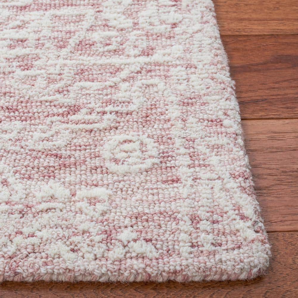 Ivory and Pink Floral Hand-Tufted Wool Square Rug