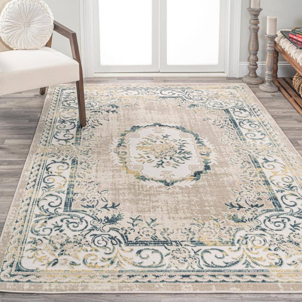 Ivory/Navy 4' x 6' Reversible Synthetic Medallion Rug