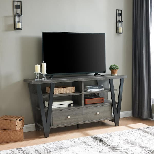 Egan 60.0 in. Grey Wood TV Stand Entertainment Center Fits TVs up to 69 in. with 2 Drawers And 2 Divided Shelf Tiers