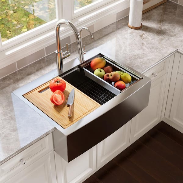 DEERVALLEY 30 in. Drop-In/Undermount Stainless Steel 2-Hole Single Bowl Farmhouse Apron Workstation Kitchen Sink with Accessories