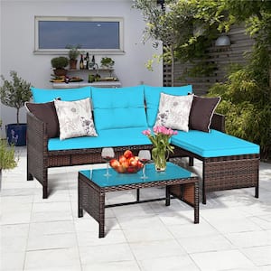 Brown 3-Piece Wicker Rattan Patio Conversation Set Outdoor Sectional Sofa Set with Yellowish Cushions