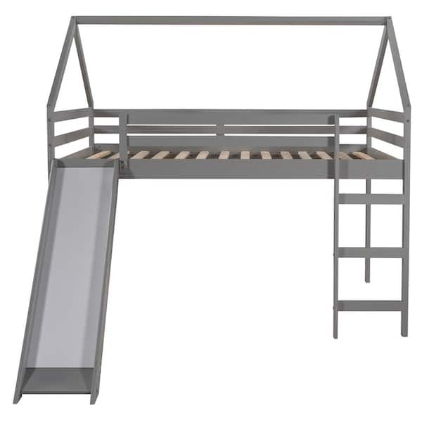 ANBAZAR Gray Full Size Wood House Shape Loft Bed with Slide, Kids Loft ...