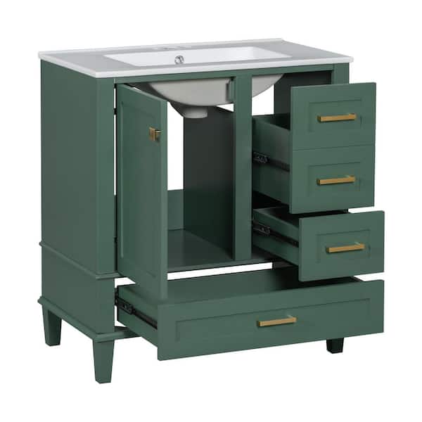 30 in. Single Sink Elegant Deep Green Cabinet Bath Vanity with White Ceramic Top, Soft Closing Door and 3-Drawers