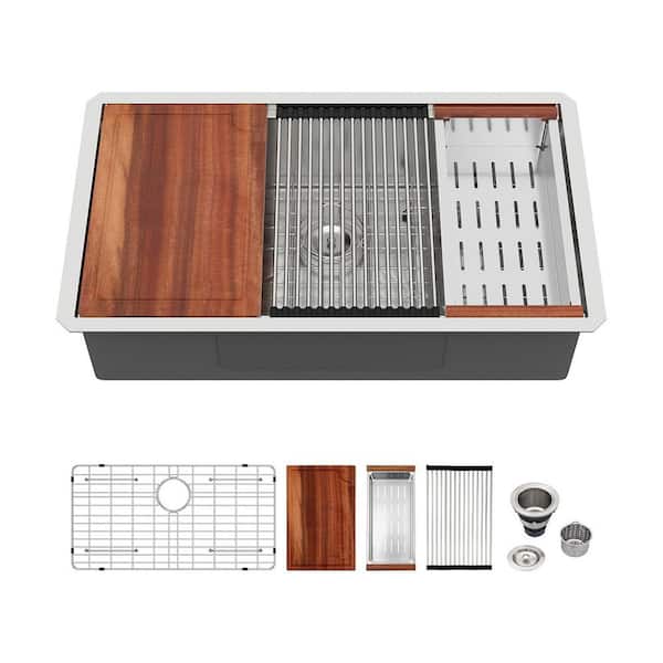 33 in. Undermount Single Bowl 18-Gauge Brushed Stainless Steel Kitchen Workstation Sink with Accessories