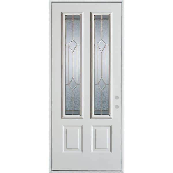 Stanley Doors 32 in. x 80 in. Geometric Brass 2 Lite 2-Panel Painted White Left-Hand Inswing Steel Prehung Front Door