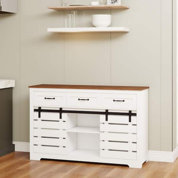 Otryad Farmhouse Sideboard Buffet Storage Cabinet with 3-Drawers, 2-Adjustable Shelves, Coffee Bar Cabinet for Kitchen in White