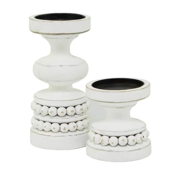 Novogratz White Wood Beaded Pillar Candle Holder (Set of 2)