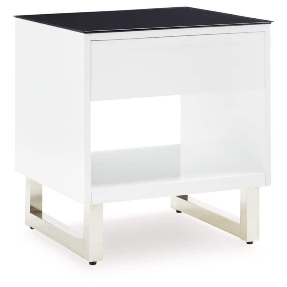 Black and White Glass Top Rectangular End Table with Storage