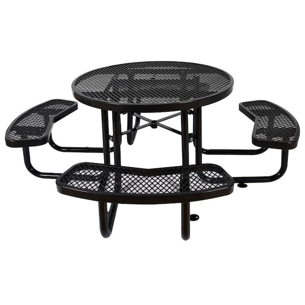 Cesicia 46 in. Black Round Steel Picnic Table Seats 8-People with Umbrella Hole