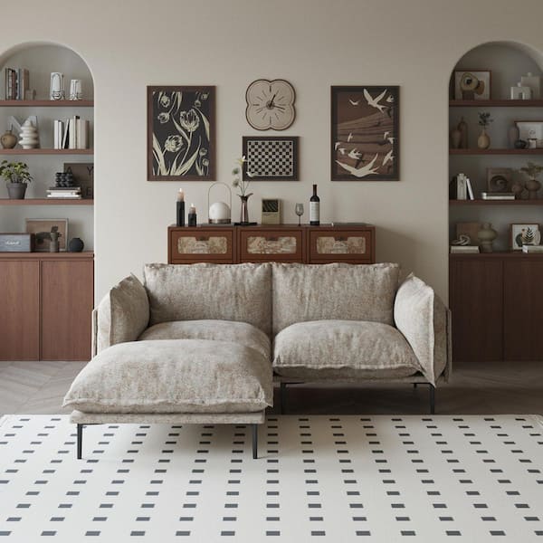 74.8 in. Straight Arm Cloud Velvet Down Feather Filling Modular Sofa with Ottoman For Living Room in. Light Brown