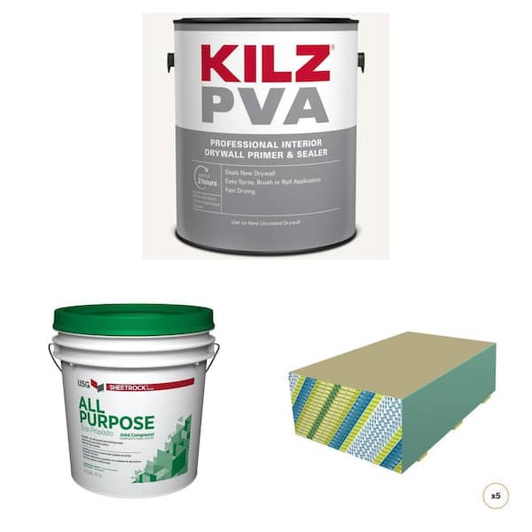 1 gal. White Interior Drywall Primer, 4.5 gal. Joint Compound and 1/2 in. x 4 ft. x 8 ft. Drywall (5-Sheet) Combo