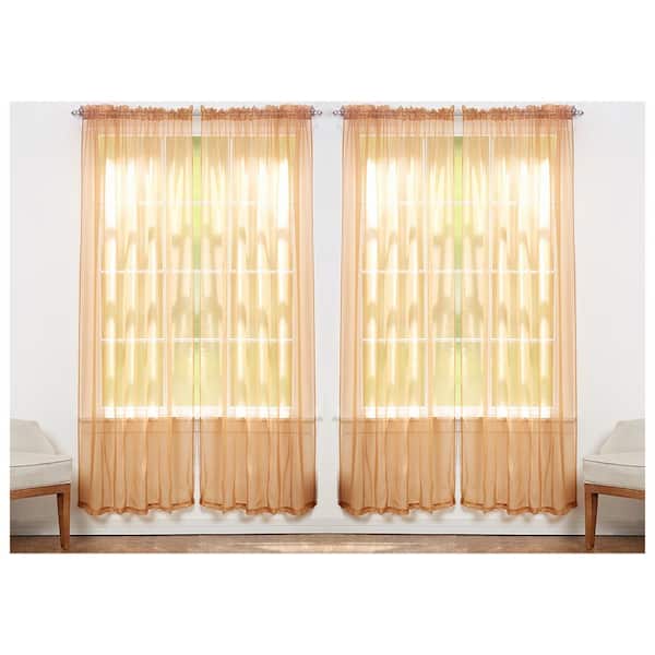 J&V TEXTILES Solid Brown 55 in. W x 84 in. L Rod Pocket Sheer Window Curtain Panel (Set of 4)
