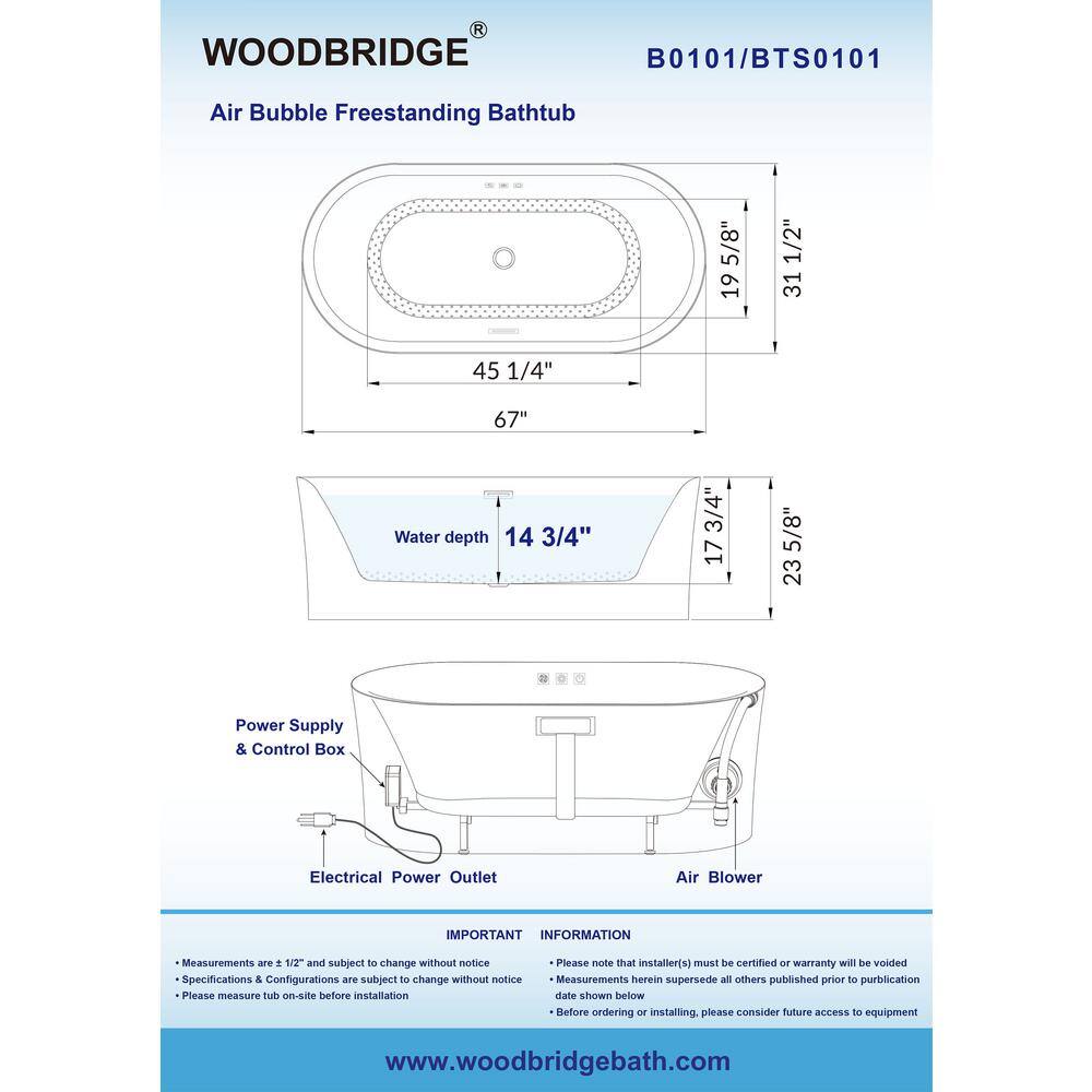 67'' White Acrylic Freestanding Air Soaking Bathtub with 208 Jets