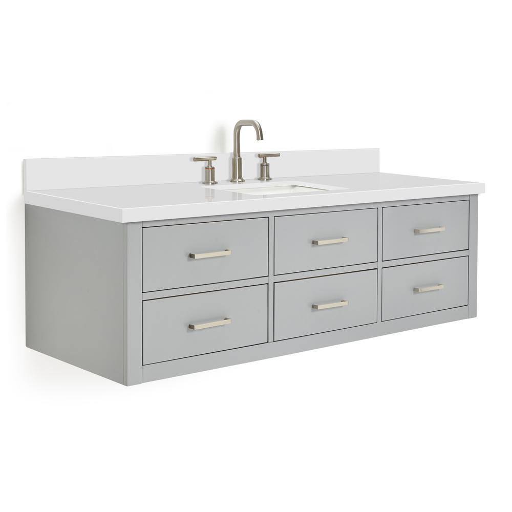 Hutton 61" Gray Wood Floating Vanity with White Quartz Top