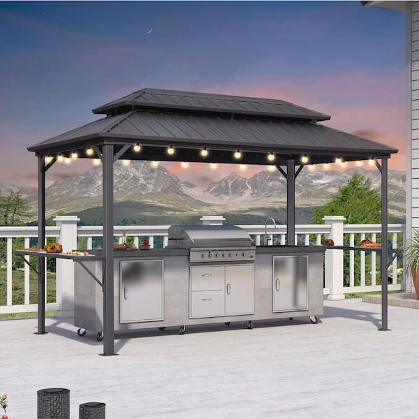 6.5 ft. x 12 ft. Hardtop Grill Gazebo for Patio Aluminum Barbecue Shelter Gazebo w/Hooks,Shelves Double Tiered 24-Lights
