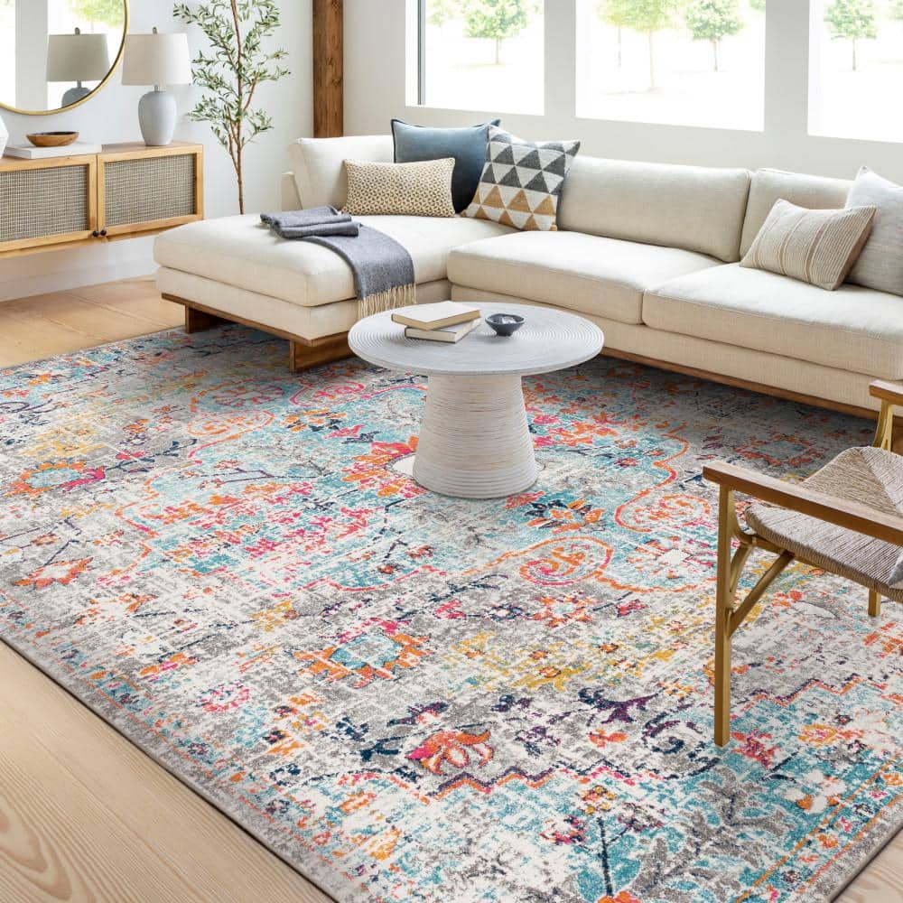 Gray and Aqua Oriental Synthetic Area Rug, 3'11" x 5'7"