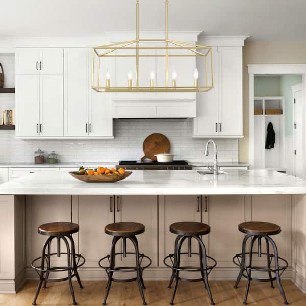 5-Light Farmhouse Gold Rectangle Hanging Linear Island Chandelier Lighting for Kitchen Island